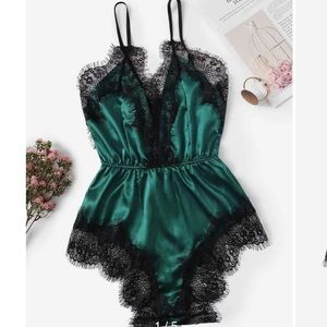 Dark Green Lace Trim Satin Romper Bodysuit